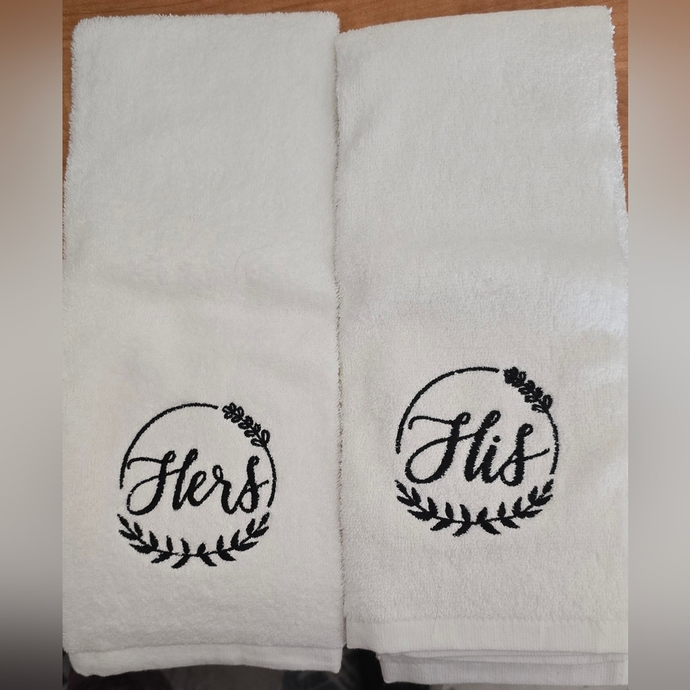 Hers & His Embroidered White Hand Towels - Brand New!